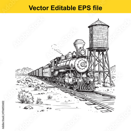 Vector art of vintage steam train with water tower on a railway track in a desert landscape