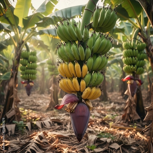 Banana Bunch Showing Stages of Ripeness with Flower Bud in the Plantation 