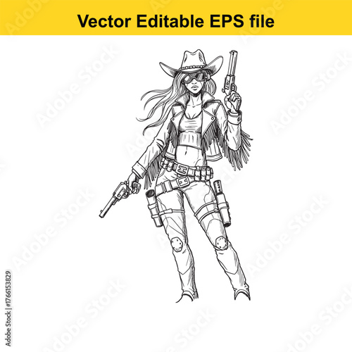 Vector art of cowgirl with two revolvers in a western style