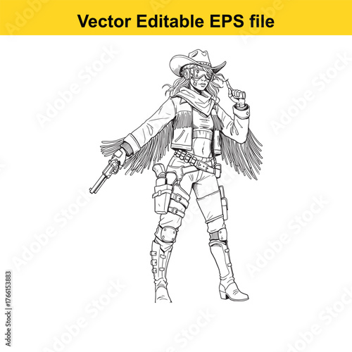 Vector art of a female cowboy with a hat, scarf, and guns, isolated on a