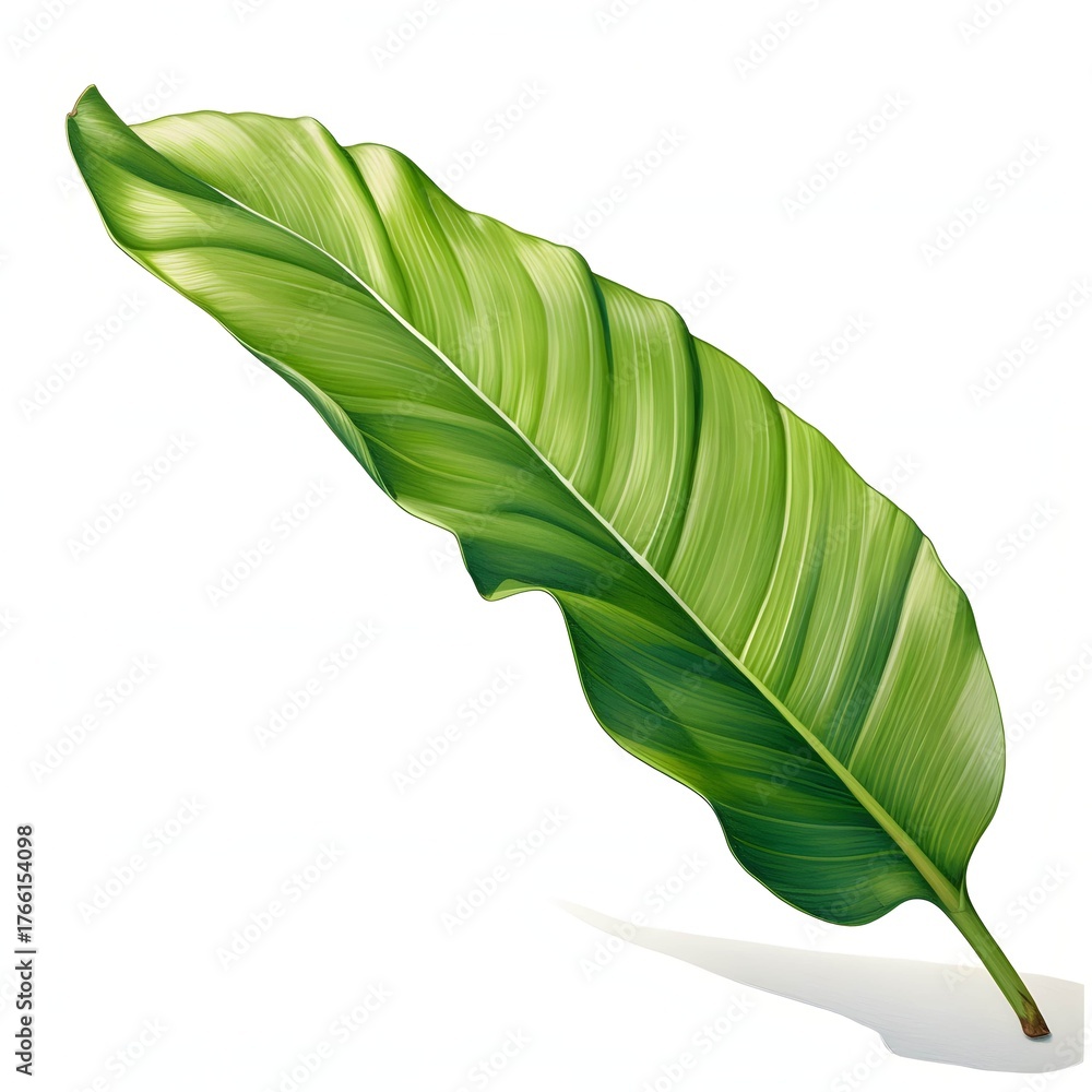 Fototapeta premium Single vibrant green leaf with prominent veins and gentle curve, isolated on white background