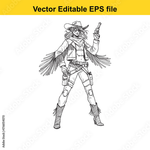 Vector art of cowgirl with a revolver and a rifle