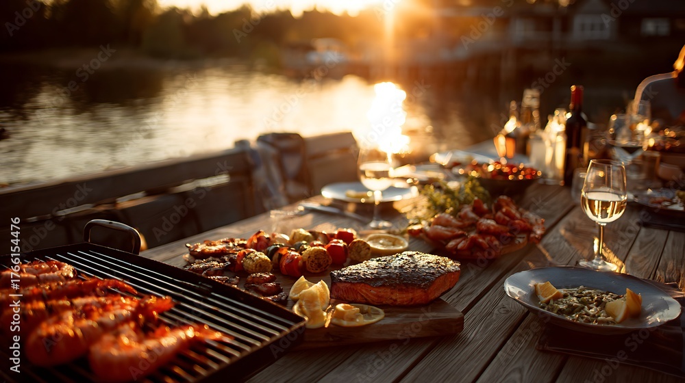 Obraz premium Outdoor BBQ by the lake with beautiful sunset
