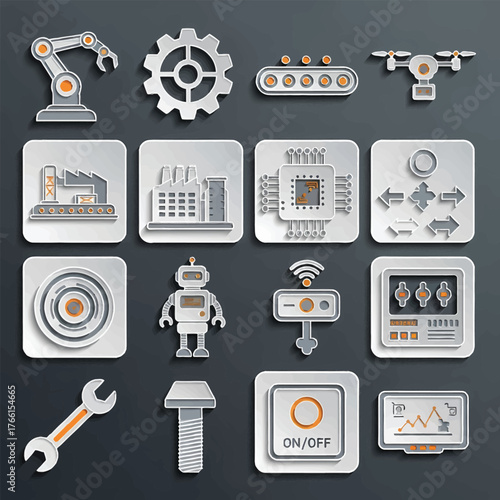 Industrial automation components arranged on dark gray surface showcasing modern manufacturing processes and technological advancement in a clean, minimalist style.