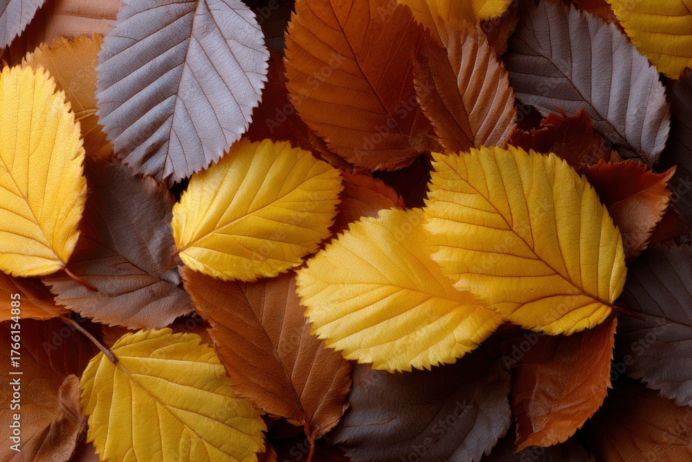 Fototapeta premium Closeup of autumn leaves varied colors textures shapes