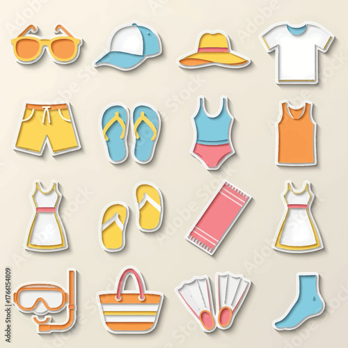 Summer vacation essentials arranged neatly on a light beige surface, showcasing beachwear and accessories for a relaxing holiday, creating a cheerful and inviting scene.