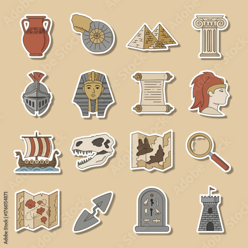 Ancient artifacts and historical symbols representing archaeology and exploration are displayed as stickers on a beige surface, evoking a sense of discovery and history.