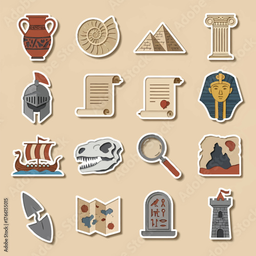 Ancient artifacts and historical symbols arranged on beige surface representing exploration and discovery of past civilizations, creating a sense of wonder and knowledge.