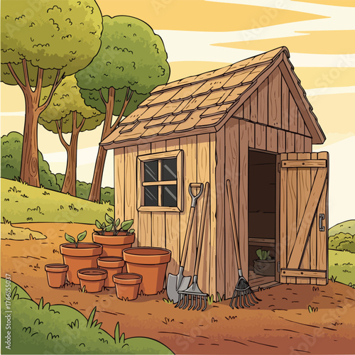 Charming wooden garden shed with tools and terracotta pots.