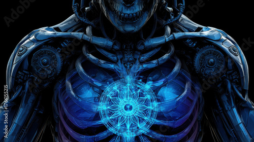 Futuristic robotic body showcases intricate alignment in nature with glowing core symbolizing energy and life