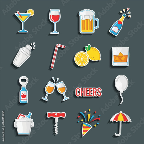 Collection of colorful beverage stickers arranged on dark gray surface representing celebration and festive mood for party or social event.