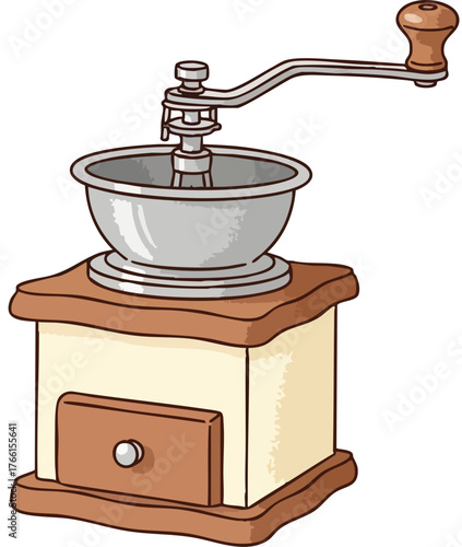 Classic hand crank coffee mill illustration isolated on white.