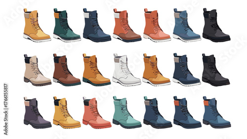 Waterproof Boots Illustration Vectors featuring detailed craftsmanship, sturdy silhouettes, and realistic finishes that reflect resilience, functionality, and outdoor adventure spirit.