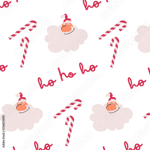 Funny seamless pattern with Santa face, candy canes, and Ho Ho Ho lettering. Playful festive vector background for Christmas wrapping paper, fabric, and holiday design