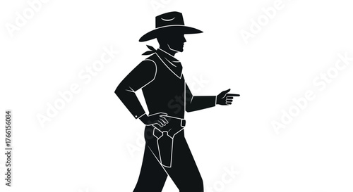 Silhouette of a cowboy in profile, pointing finger, hand on hip, gun holster visible