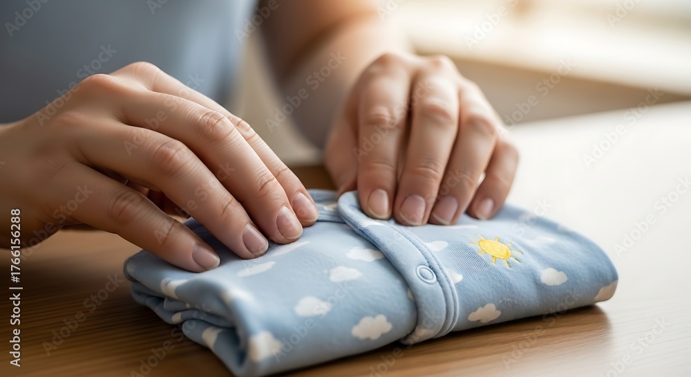 Obraz premium Person Folding Light Blue Baby Clothes with Cloud and Sun Pattern on Wooden Table