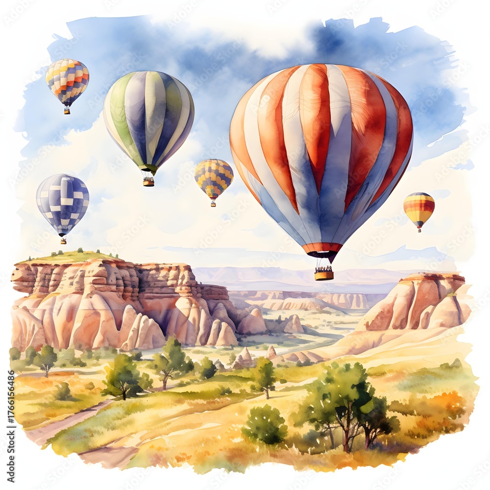 Obraz premium Colorful hot air balloons fly over cappadocia's unique landscape