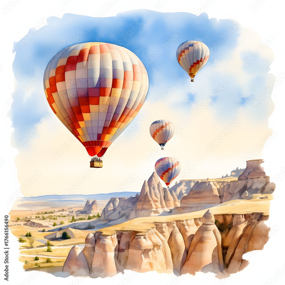 Obraz premium Colorful hot air balloons soar over cappadocia's breathtaking landscape