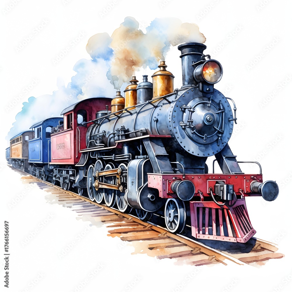 Obraz premium Vintage steam train locomotive speeding along railway tracks