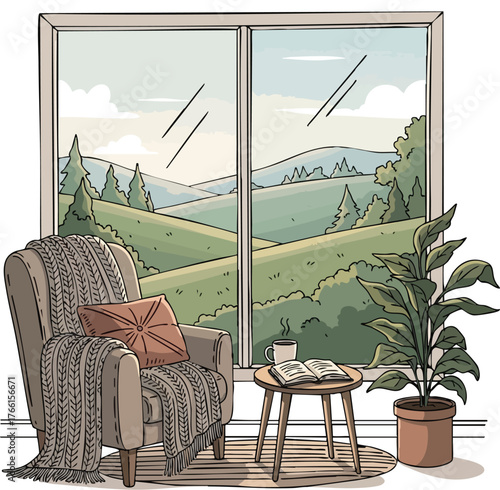 Cozy armchair by a large window with a view of rolling green hills.