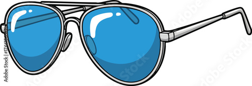 Aviator Sunglasses with Silver Frame and Blue Lenses on White Background