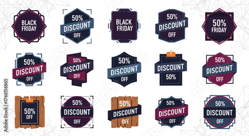Fifteen sale badges with different designs and fifty percent discounts