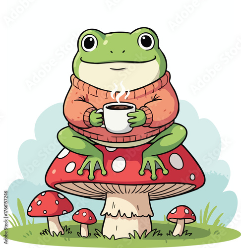 Cute cartoon frog in a cozy sweater drinking coffee on a mushroom.