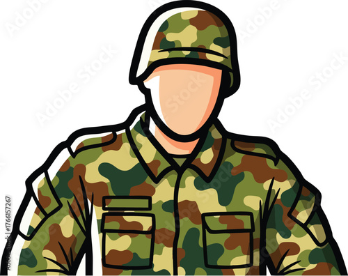 Camouflaged Soldier Portrait in Military Uniform and Helmet Detailed Front View