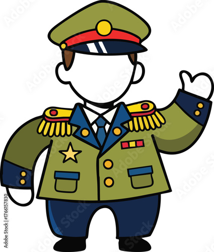Cartoon Military Officer in Olive Green Uniform with Gold Epaulets and Medals Waving Hand
