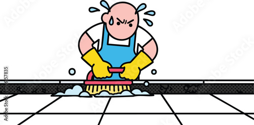 Cartoon Person Scrubbing Floor Hard Wearing Blue Apron Yellow Gloves With Sweat Droplets