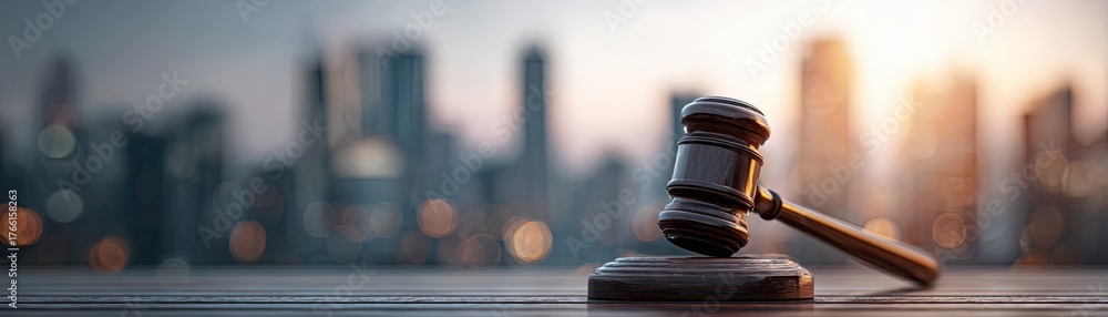 Obraz premium A gavel rests on a wooden surface, with a blurred city skyline in the background, symbolizing justice and law.