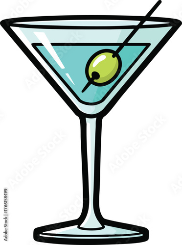 Clear Blue Martini Cocktail with Green Olive and Toothpick in Glass on White Background