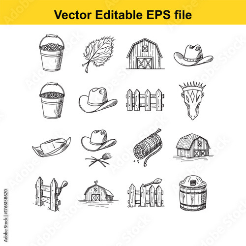 Vector art of collection of farm and rodeo related icons, including barns, fences, hats, buckets, and a bull skull, vector illustration