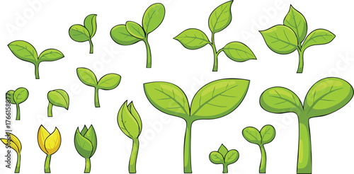 Collection Of Pixelated Green Plant Sprouts And Seedlings In Various Growth Stages Isolated On White