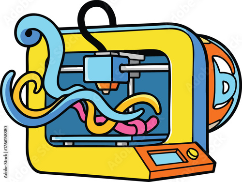 Colorful 3D Printer With Yellow Orange Blue Plastic Exterior Printing Tentacles And Pink And Yellow Filaments