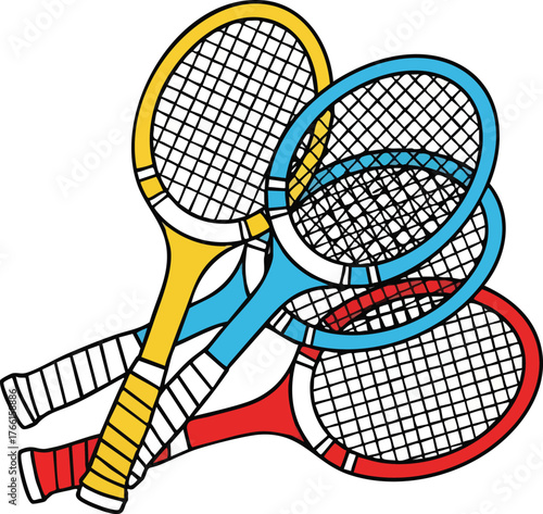 Collection Of Three Tennis Rackets Yellow Blue And Red With White Handles On White Background