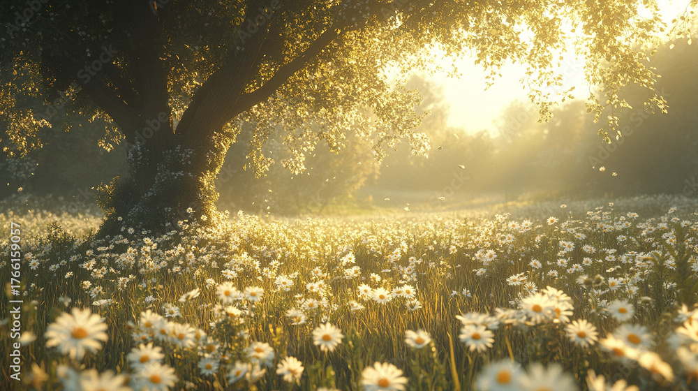 Obraz premium Serene meadow filled with blooming white daisy flowers under large tree with sunlight filtering through leaves, creating peaceful and warm atmosphere