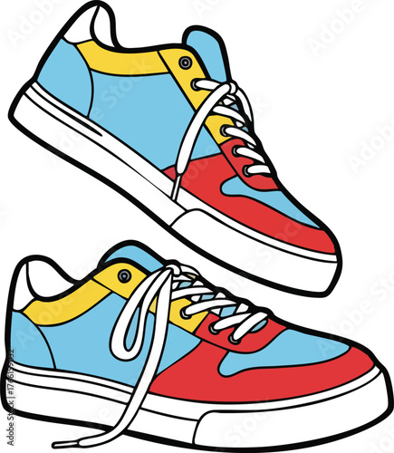 Colorful Athletic Shoes Featuring Red Blue Yellow and White Accents With White Laces and White Soles Isolated on White Background