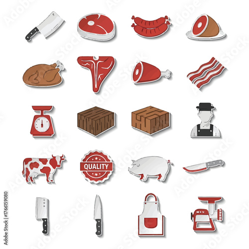 Collection of butcher shop elements showcases various cuts of meat and tools on white surface, representing food industry and culinary arts.