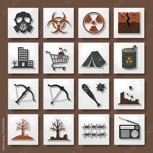 Collection of disaster preparedness symbols and signs displayed on white tiles, representing survival, emergency, and resilience in a postapocalyptic world.