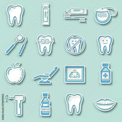 Collection of dental care items arranged on a light blue surface representing oral hygiene and health, promoting a clean and healthy lifestyle.