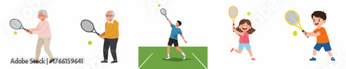 Colorful Flat Illustration of People of Various Ages Playing Tennis Sport