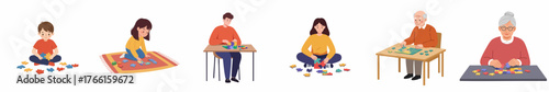 Illustrated Diverse People Solving Jigsaw Puzzle at Home Activity Together