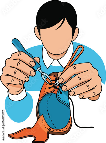 Craftsman Hand Stitching Leather Shoe Detail Work With Tools Light Blue Shirt White Collar