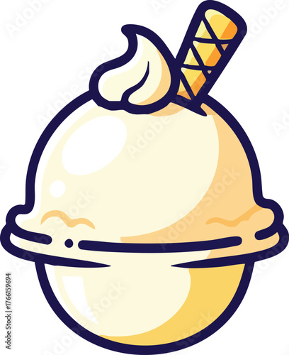 Creamy Vanilla Ice Cream Scoop Topped with Wafer Cone and Swirl
