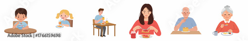Cute Cartoon Illustration of Family Members Having Meal Together Around Table