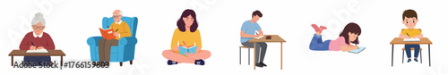 Flat Illustration Diverse People Reading Book In Different Style Poses Set