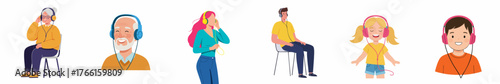 Flat Diverse People Listening Music with Headphone Illustration Set