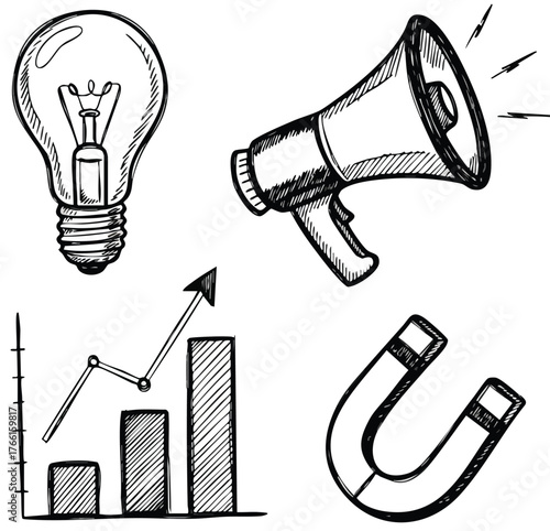 Hand drawn business icons for marketing and growth.
