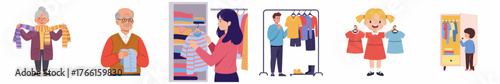 Simple Flat Illustration of People Choosing Clothing in Wardrobe and Boutique